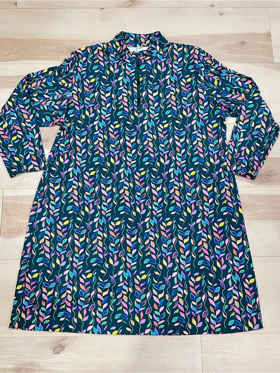 Lulu-B Dresses & Skirts - Lulu-B multi-color falling leaf print dress Sz 1X Dark Green 3/4 Sleeve UPF 50+